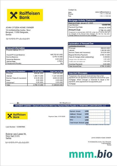 Serbia Raiffeisen Bank wyciąg z kredytu hipotecznego w formatach Word i PDF